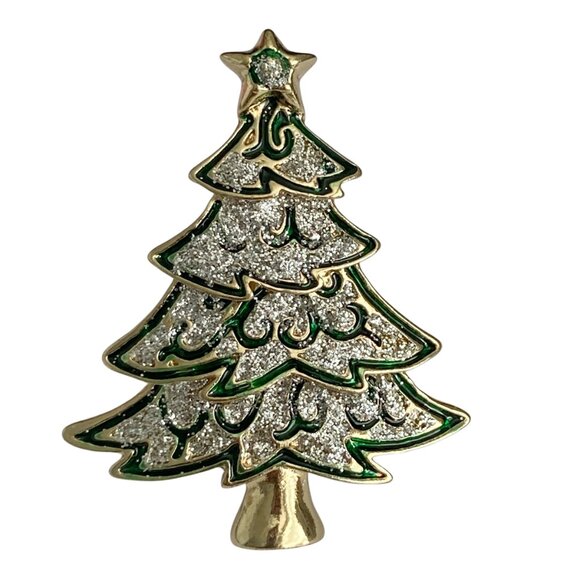 Vintage Christmas Tree Brooch Pin Green Enamel Glitter Gold Tone Plated - Picture 1 of 13